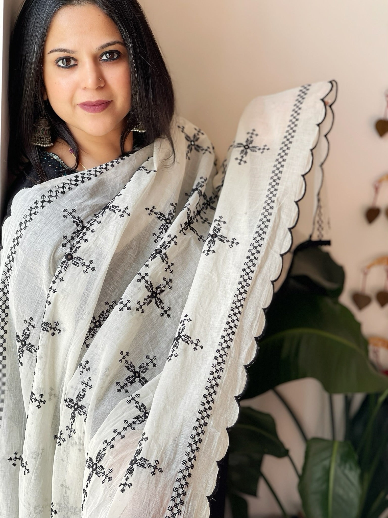 Off - White Cotton Dupatta with Embroidery and Foil Mirror Work - Masakalee
