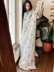Off - White Cotton Dupatta with Embroidery and Foil Mirror Work - Masakalee
