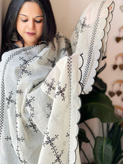 Off - White Cotton Dupatta with Embroidery and Foil Mirror Work - Masakalee