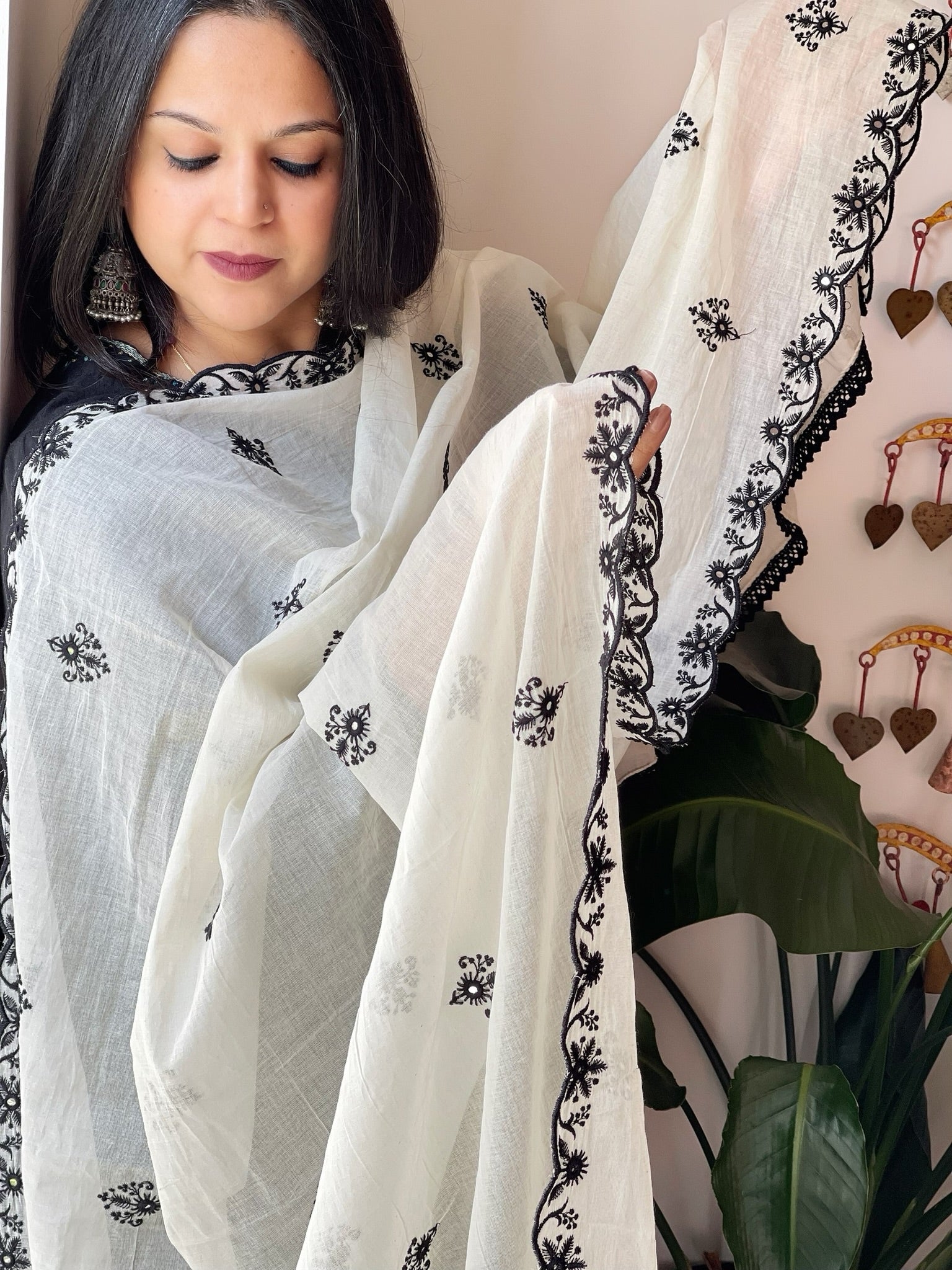 Off - White Cotton Dupatta with Embroidery and Foil Mirror Work - Masakalee