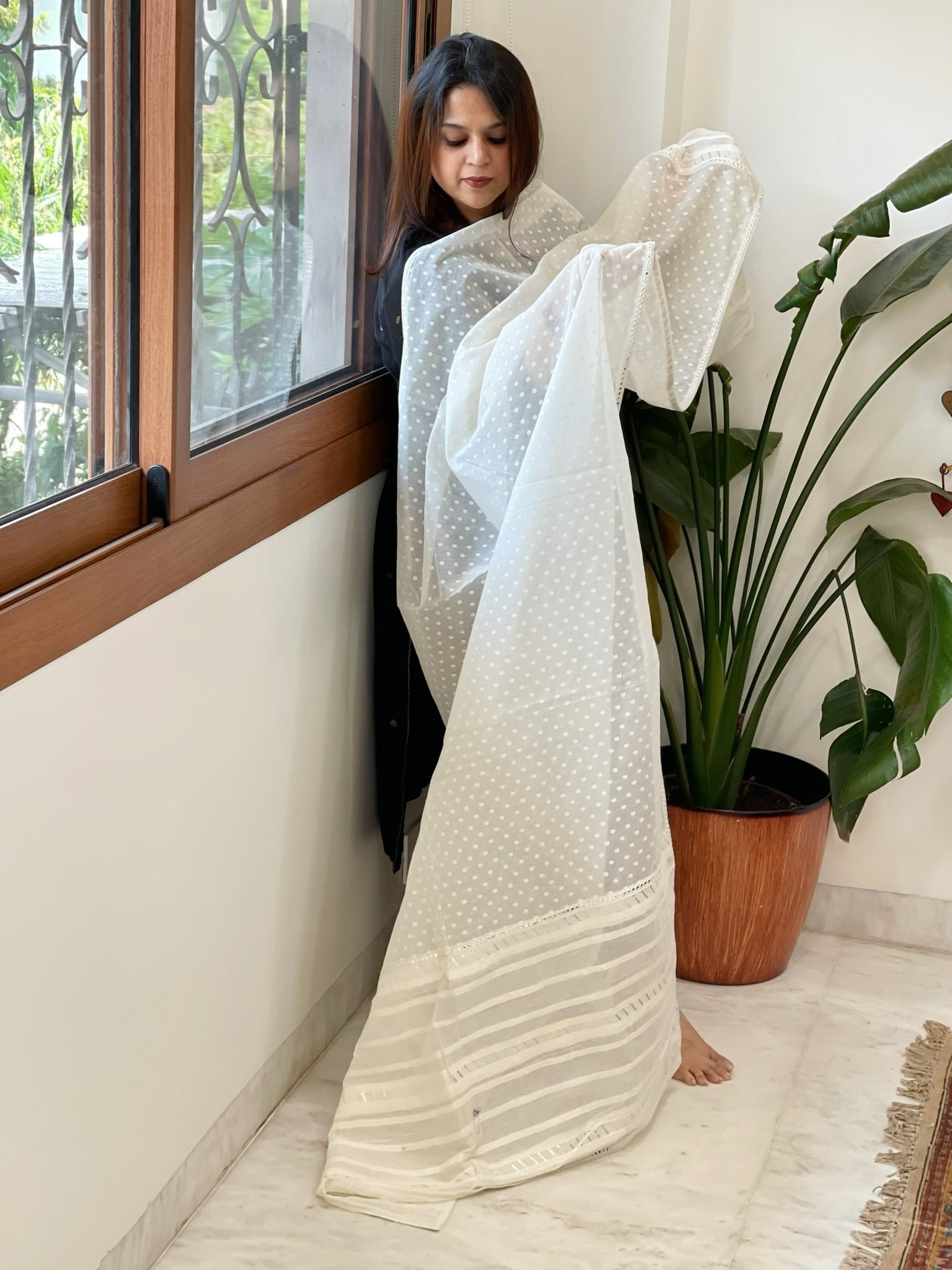 Off - White Cotton Dupatta with Self Weaving - Masakalee