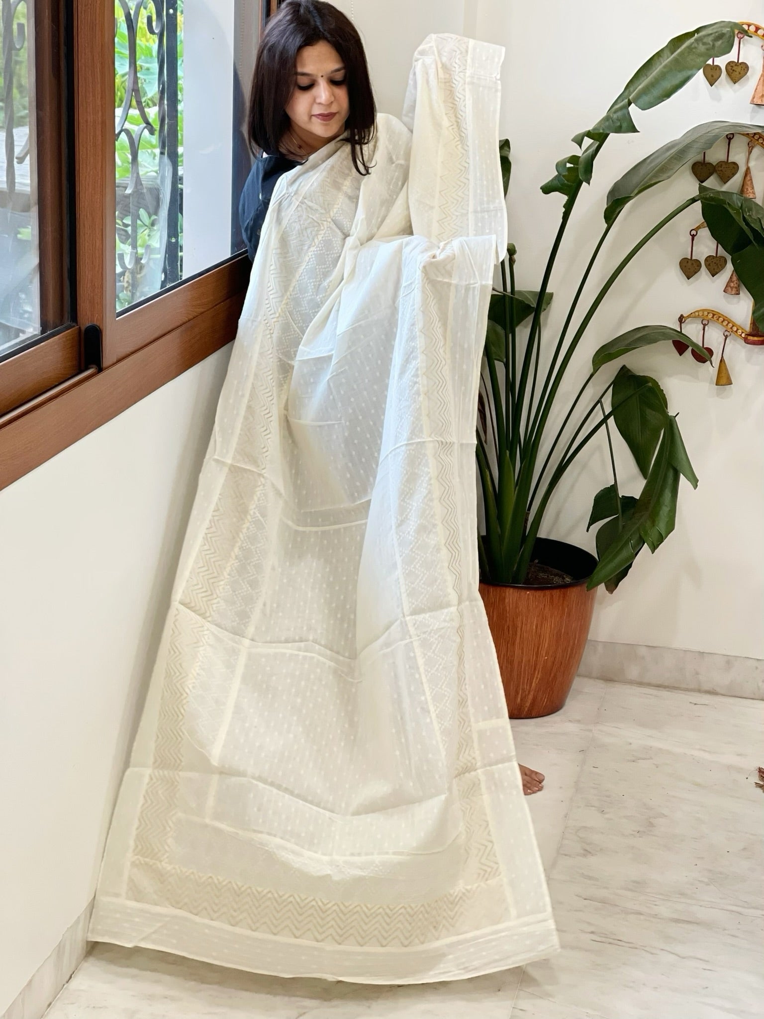 Off-White Cotton Dupatta with Self Weaving - Masakalee