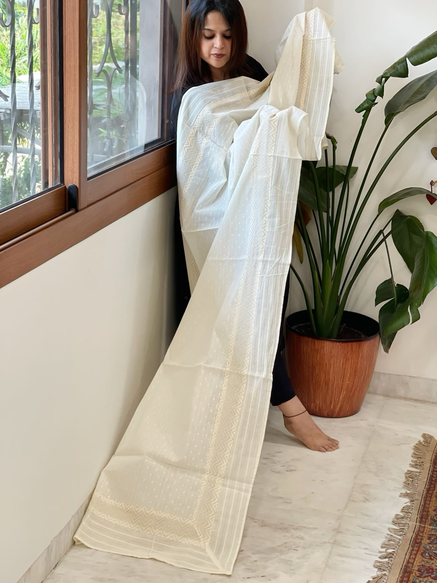 Off - White Cotton Dupatta with Self Weaving - Masakalee