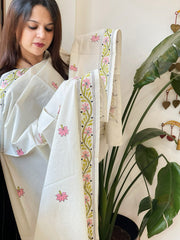 Off - White Handmade Kantha Dupatta in Pure Cotton - Masakalee