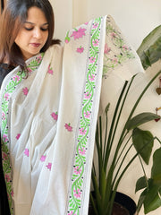 Off - White Handmade Kantha Dupatta in Pure Cotton - Masakalee