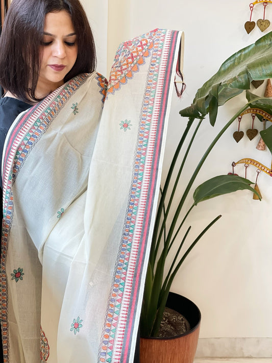 Off white Handpainted Madhubani Dupatta in Pure Cotton - Masakalee
