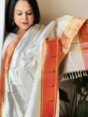 Off - White Handwoven Paithani Dupatta in Pure Silk - Masakalee