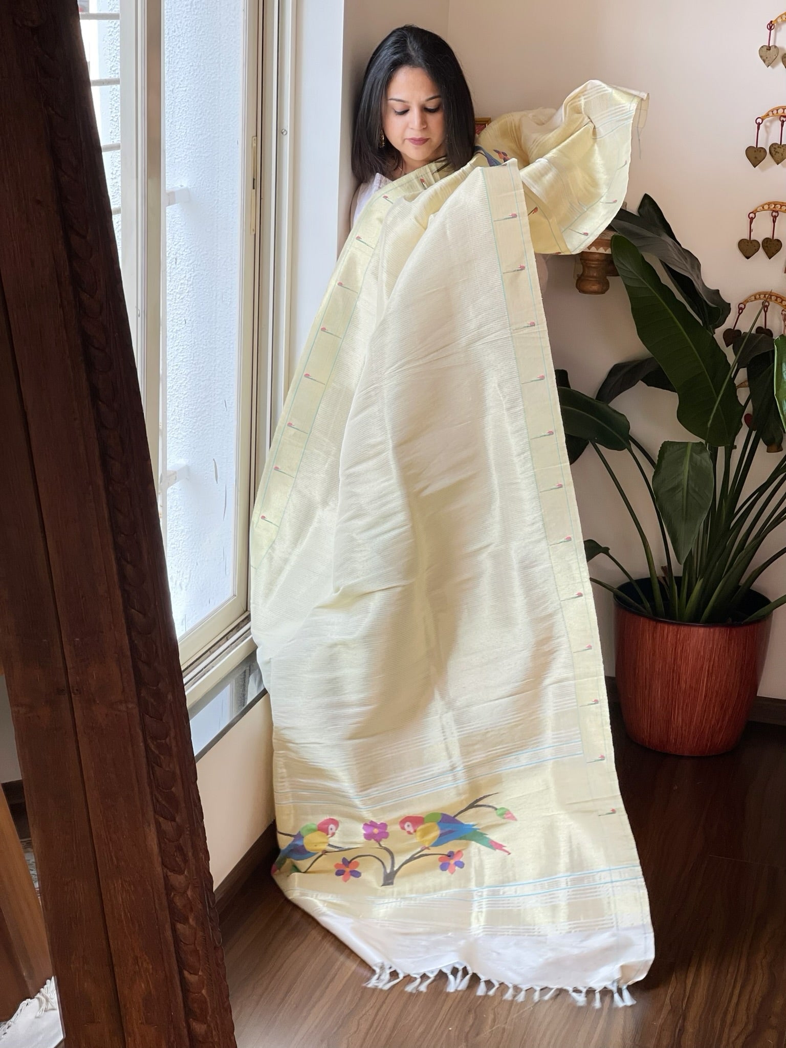 Off - White Handwoven Paithani Dupatta in Pure Silk - Masakalee