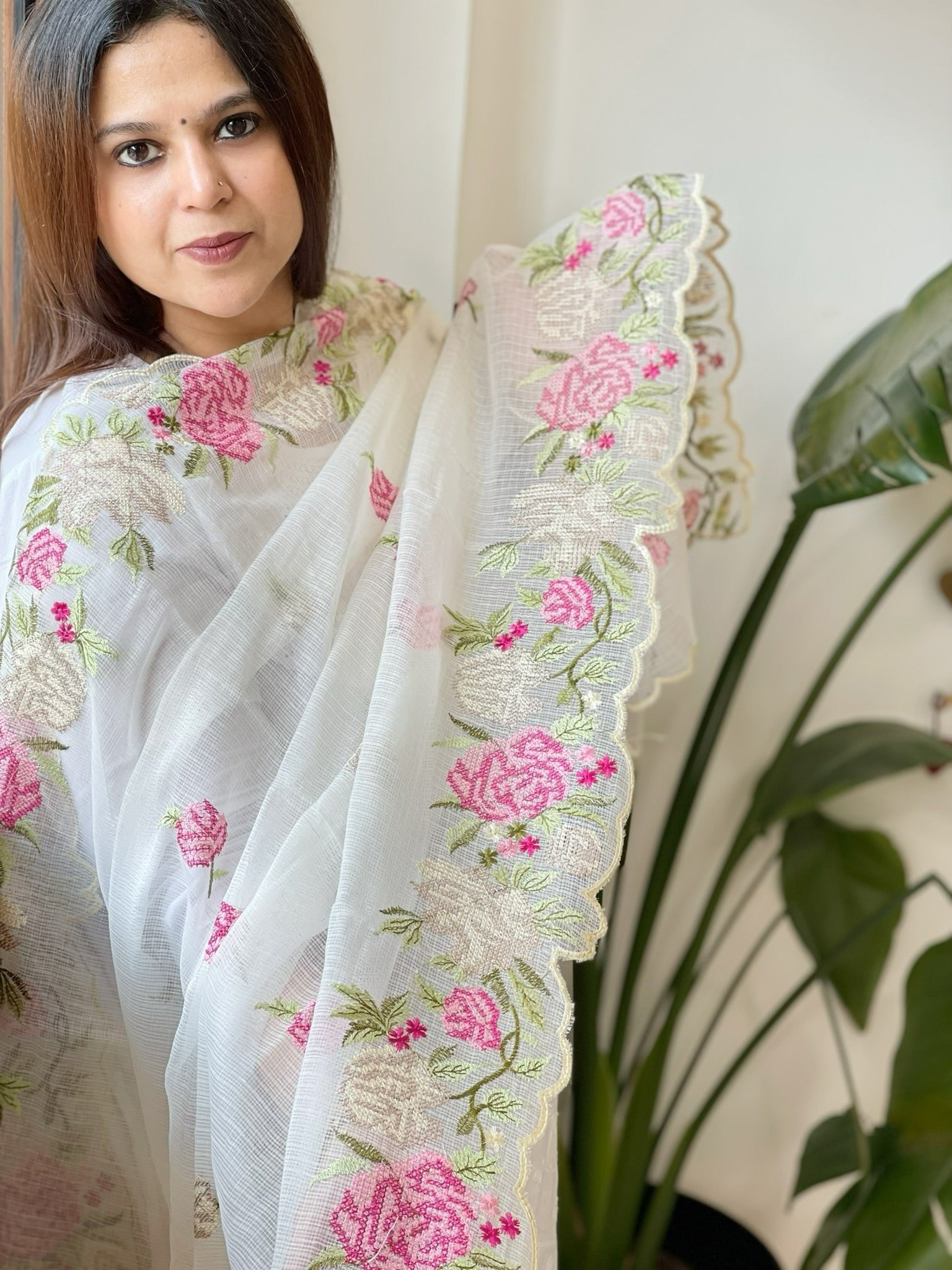 Off - White Kota Cotton Dupatta with Cross - Stitch Embroidered Border - Masakalee