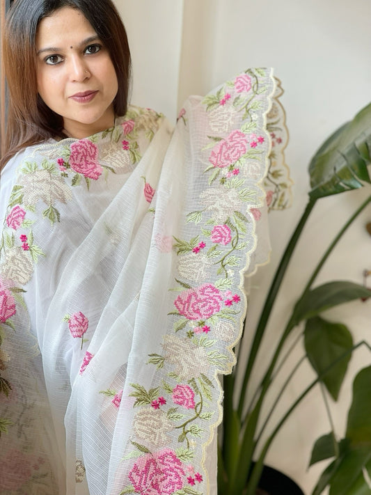 Off - White Kota Cotton Dupatta with Cross - Stitch Embroidered Border - Masakalee