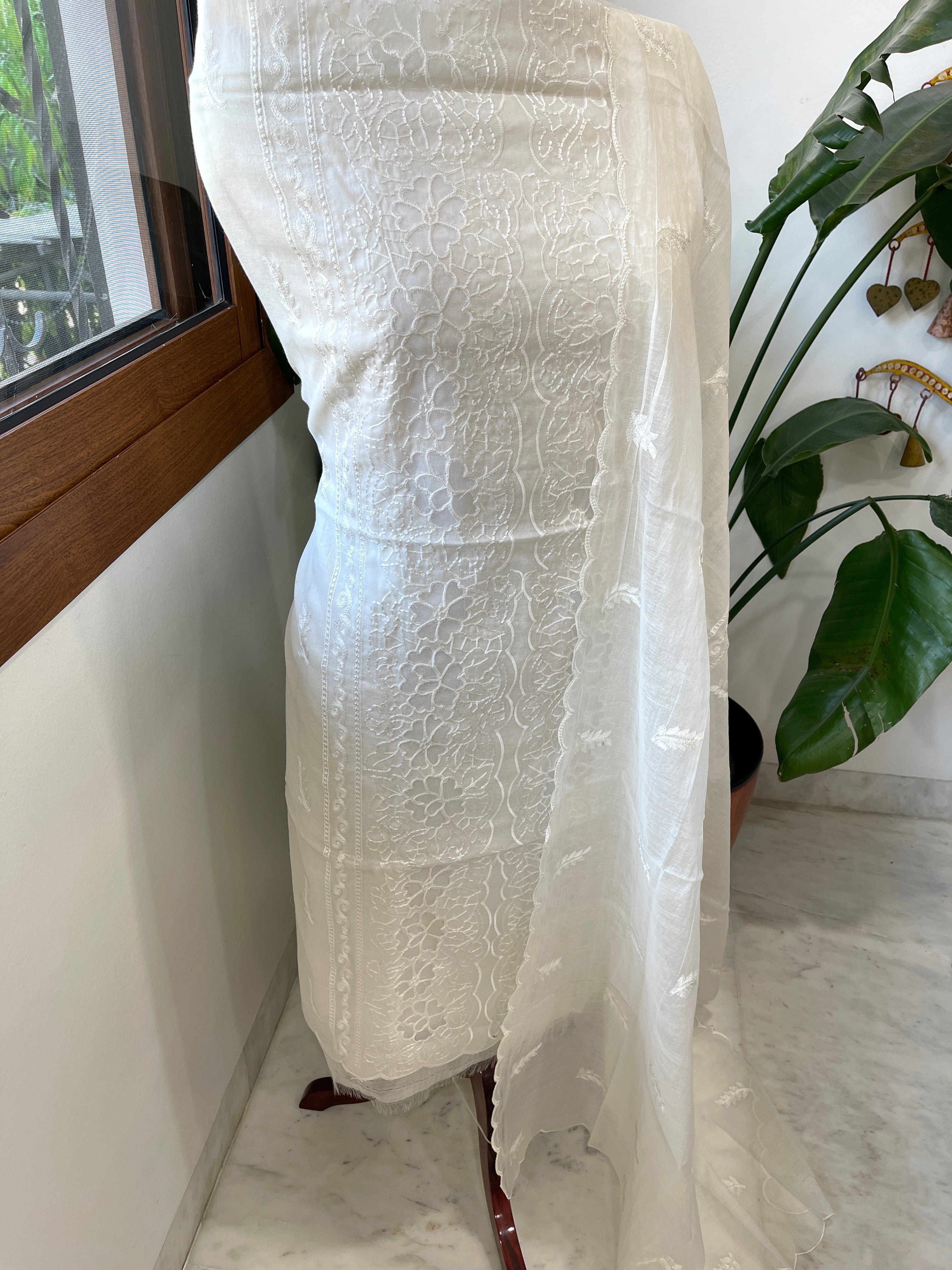 Off - White Mul Chanderi Suit Set with Cut Work - Masakalee