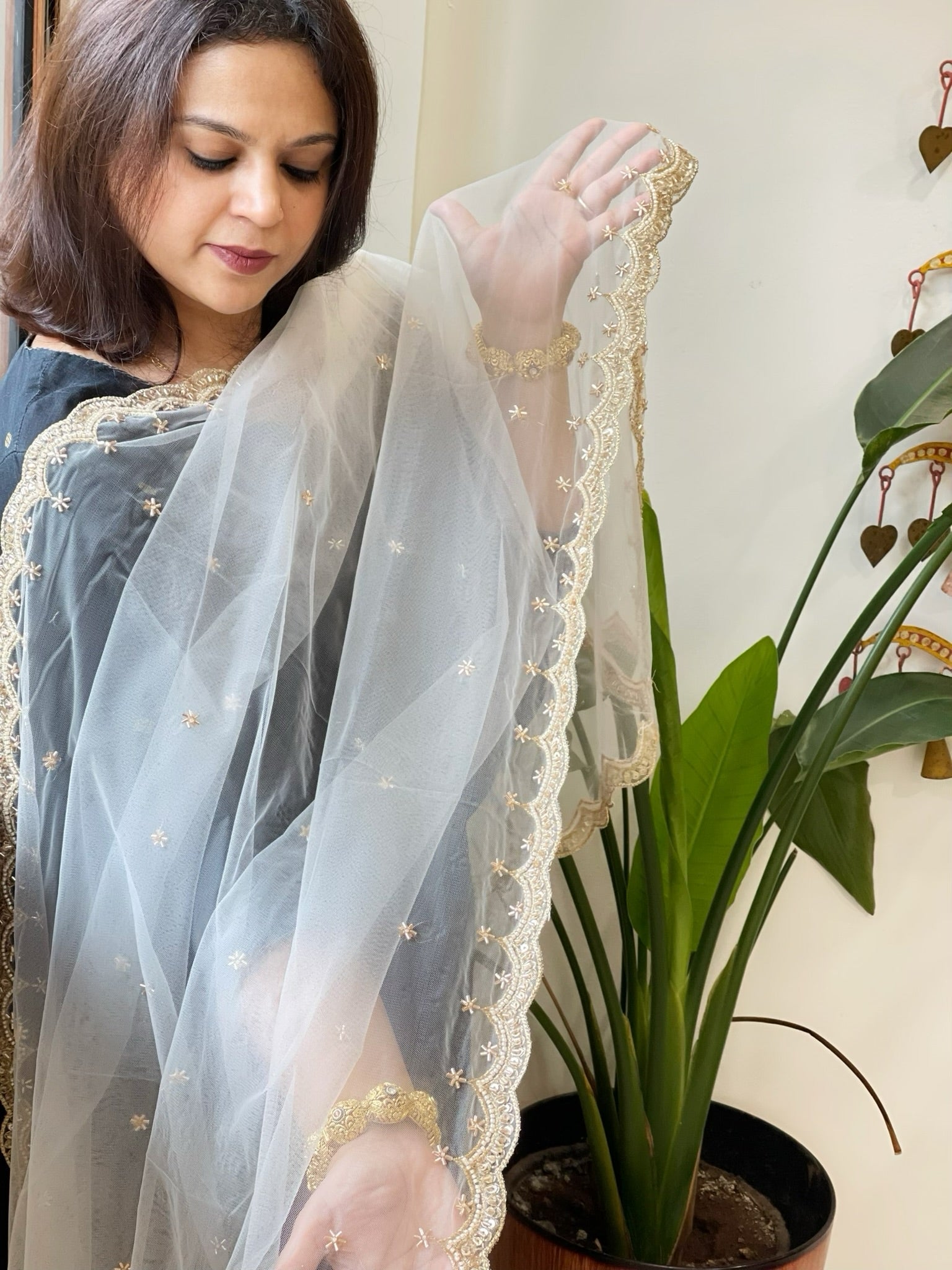 Off-White Net Dupatta with Pearl, Sequin and Cut Daana Embroidery - Masakalee