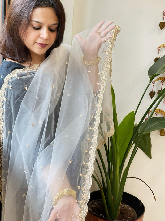 Off-White Net Dupatta with Pearl, Sequin and Cut Daana Embroidery - Masakalee