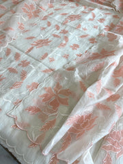 Off white, Peach Applique Jaal Dupatta Suit Set in Chanderi - Masakalee