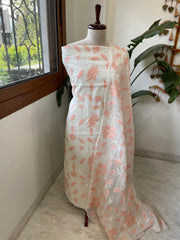 Off white, Peach Applique Jaal Dupatta Suit Set in Chanderi - Masakalee