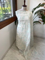 Off white, Sea green Applique Jaal Dupatta Suit Set in Chanderi - Masakalee