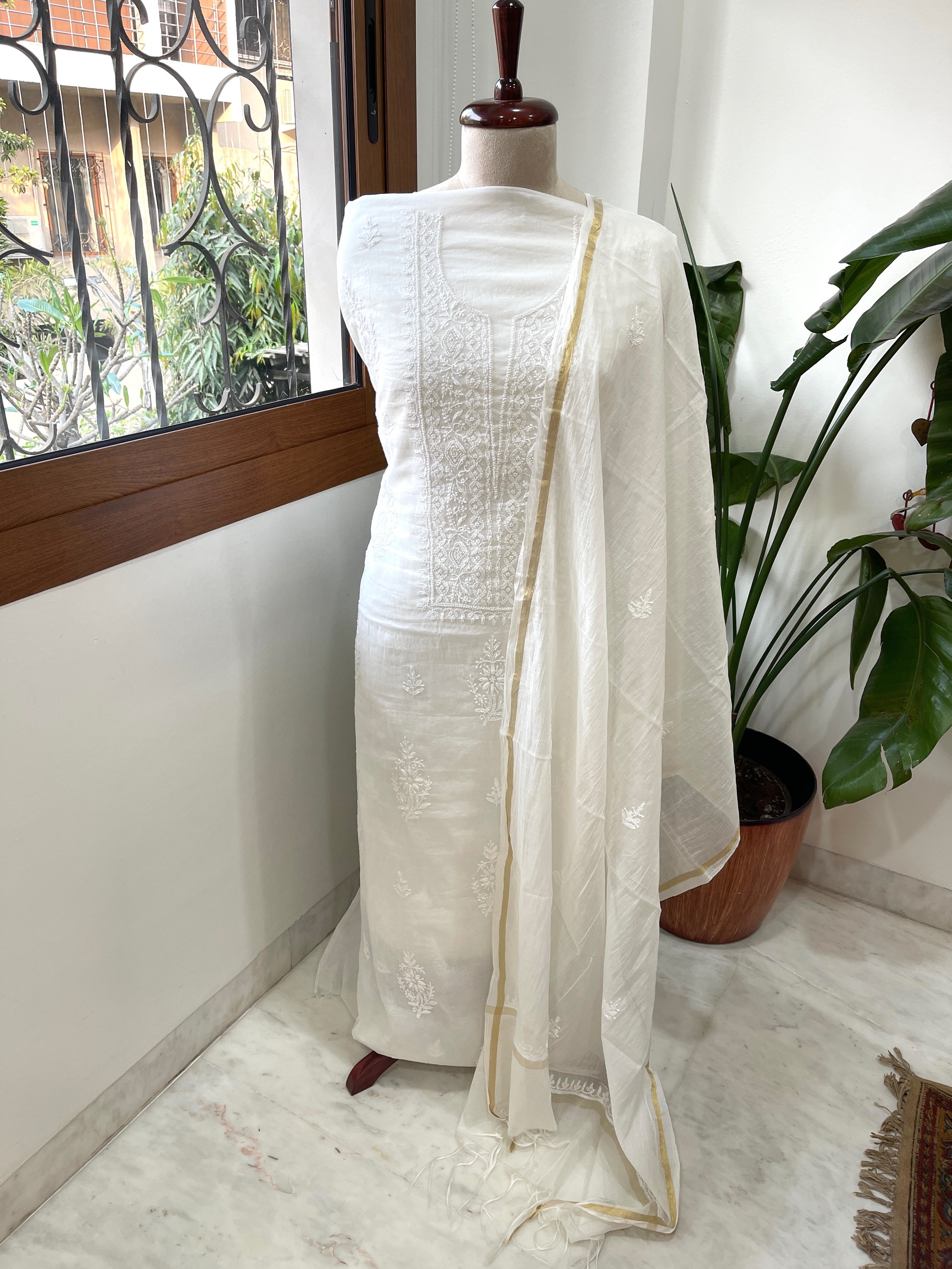 Off - White Suit Set with Lucknowi Handwork in Pure Mul Chanderi - Masakalee