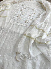 Off - White Suit Set with Lucknowi Handwork in Pure Mul Chanderi - Masakalee
