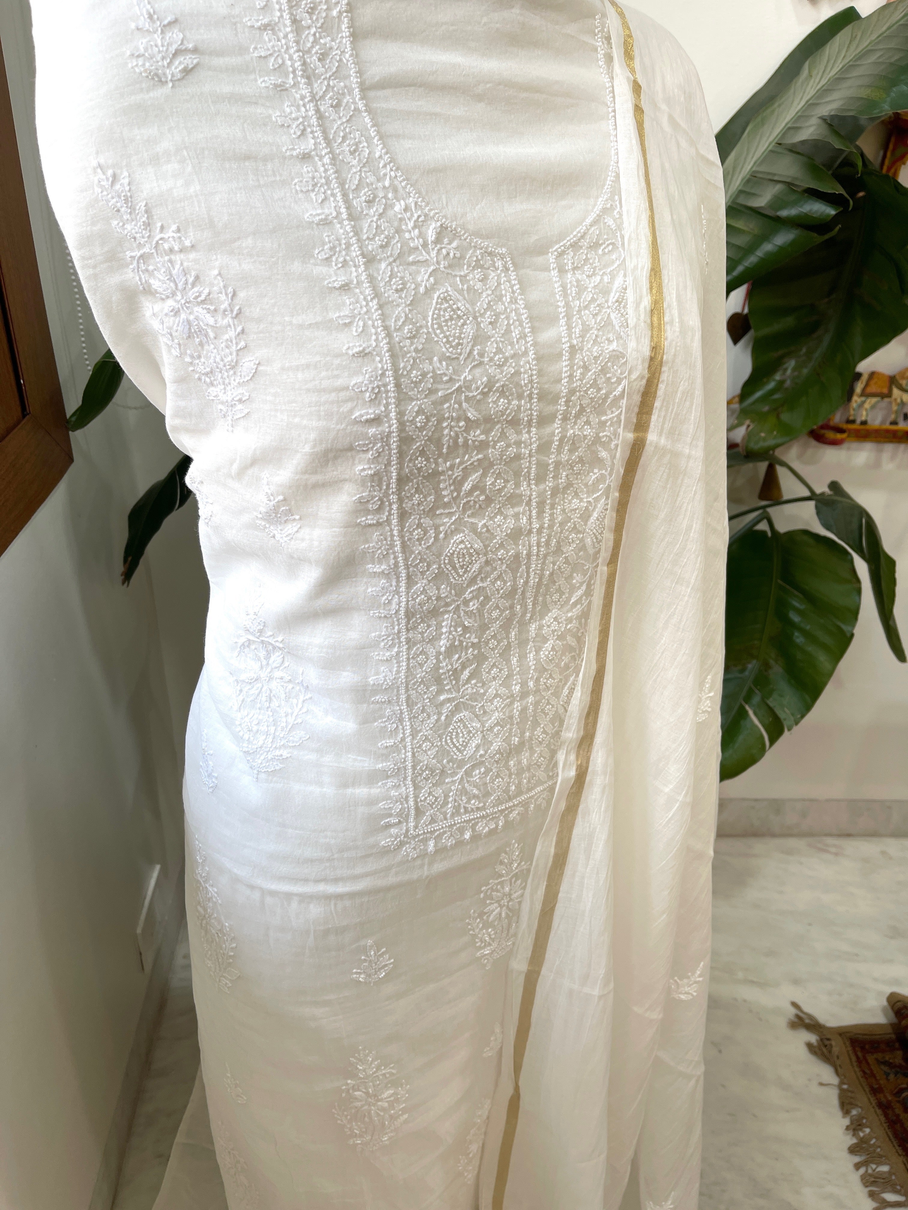Off - White Suit Set with Lucknowi Handwork in Pure Mul Chanderi - Masakalee