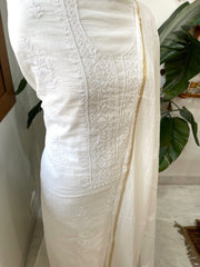 Off - White Suit Set with Lucknowi Handwork in Pure Mul Chanderi - Masakalee
