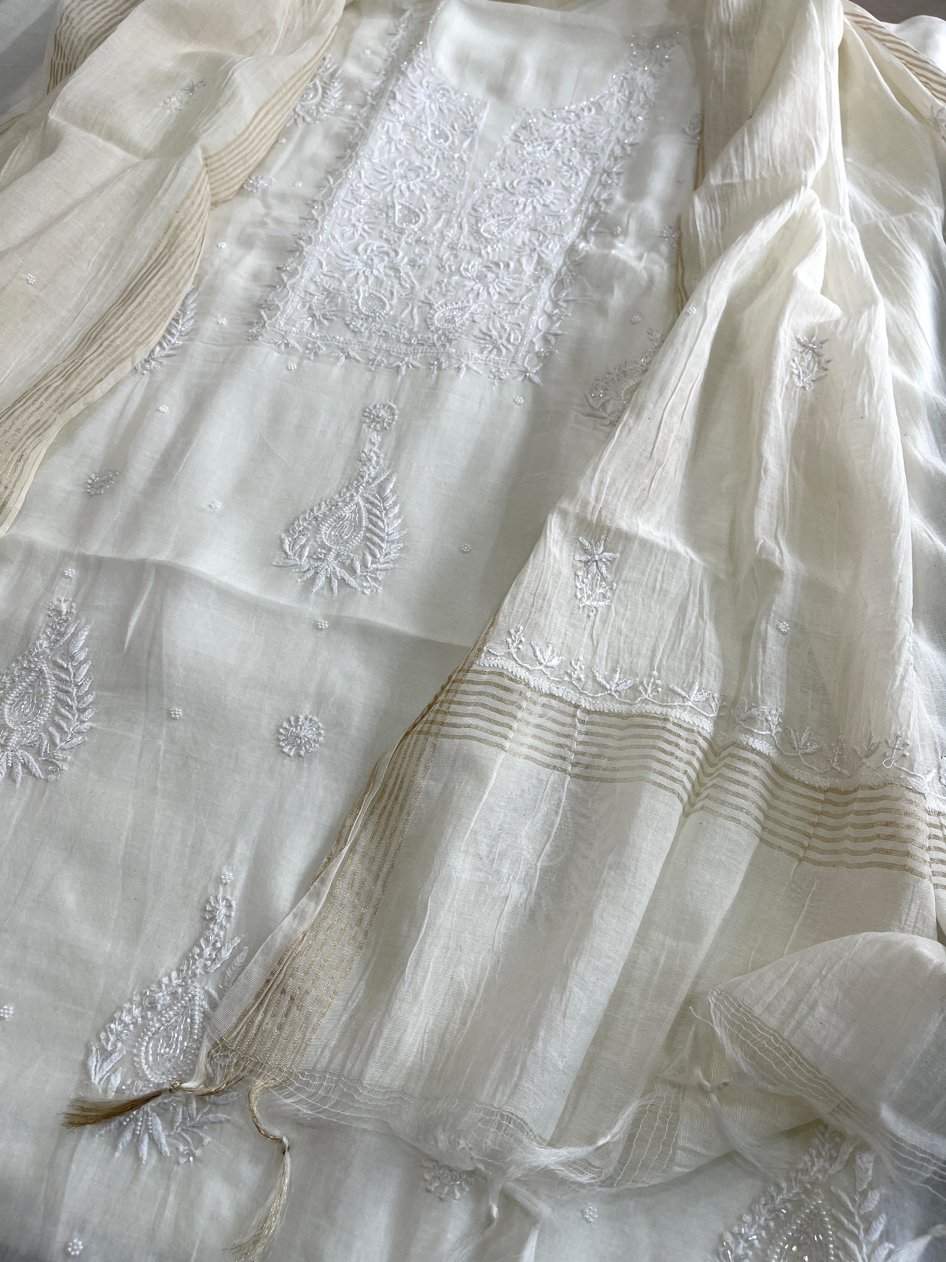 Off - White Suit Set with Lucknowi Handwork in Pure Mul Chanderi - Masakalee