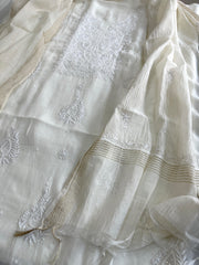 Off - White Suit Set with Lucknowi Handwork in Pure Mul Chanderi - Masakalee
