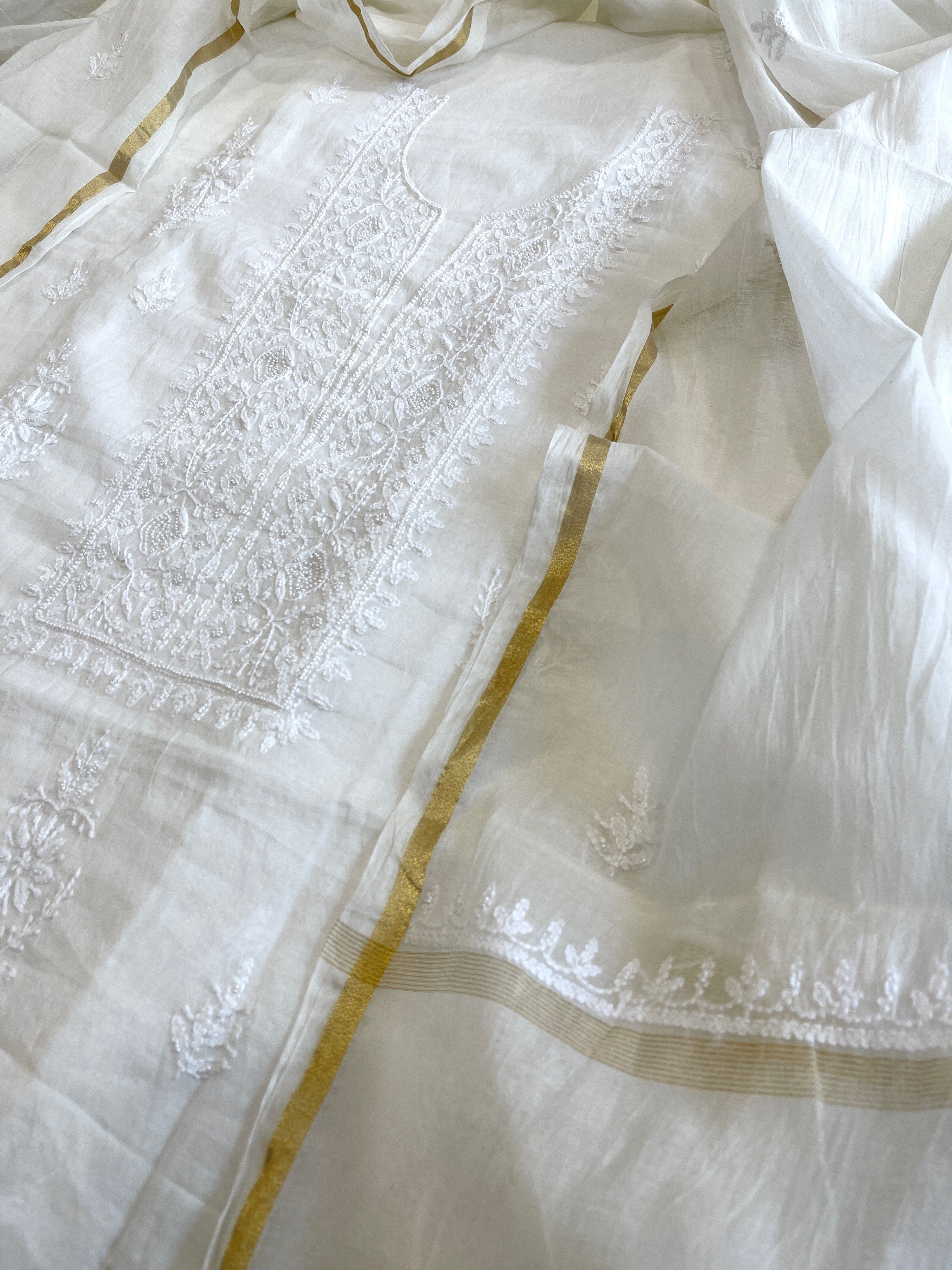 Off - White Suit Set with Lucknowi Handwork in Pure Mul Chanderi - Masakalee