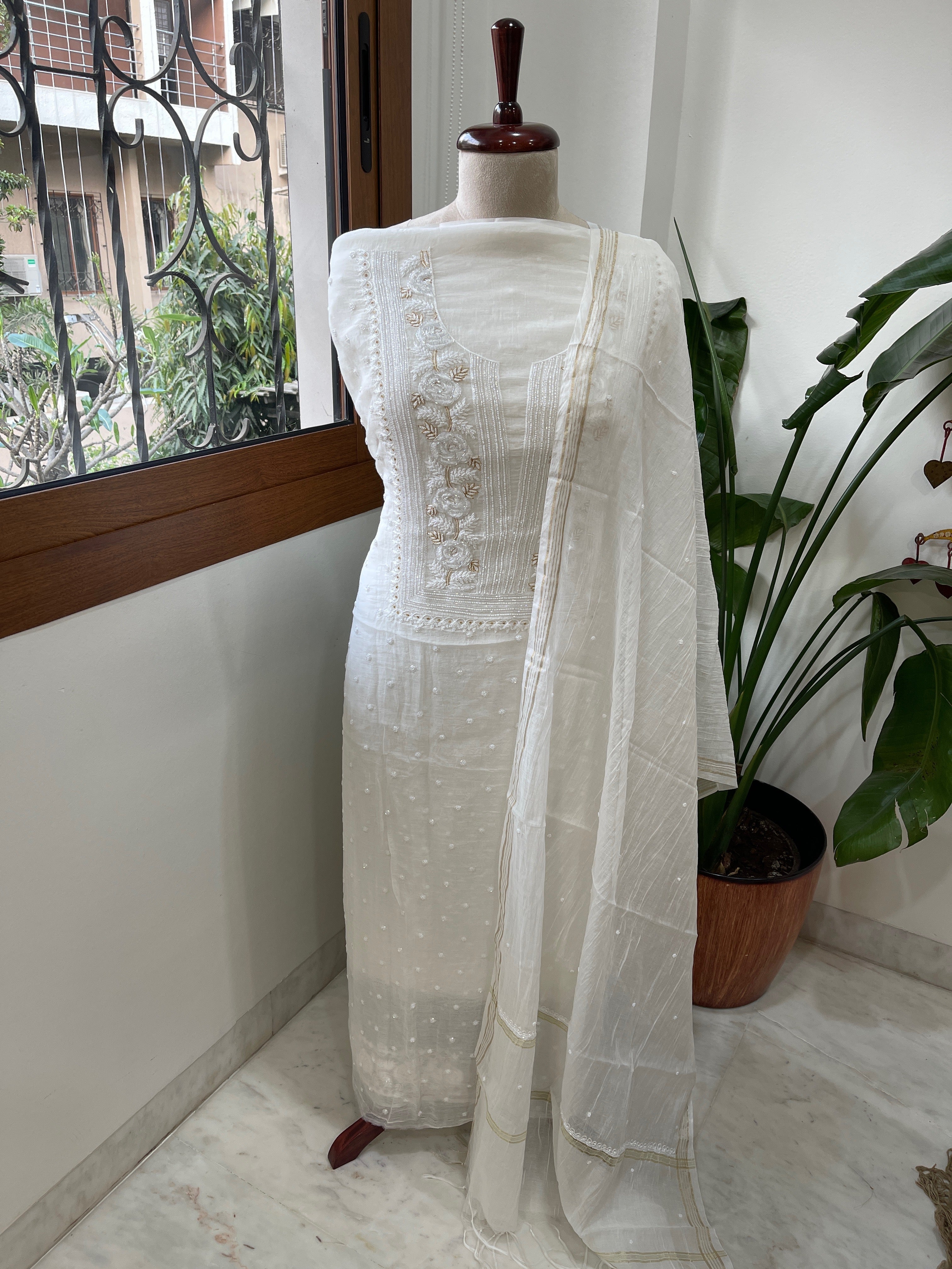 Off - White Suit Set with Lucknowi Handwork in Pure Mul Chanderi - Masakalee