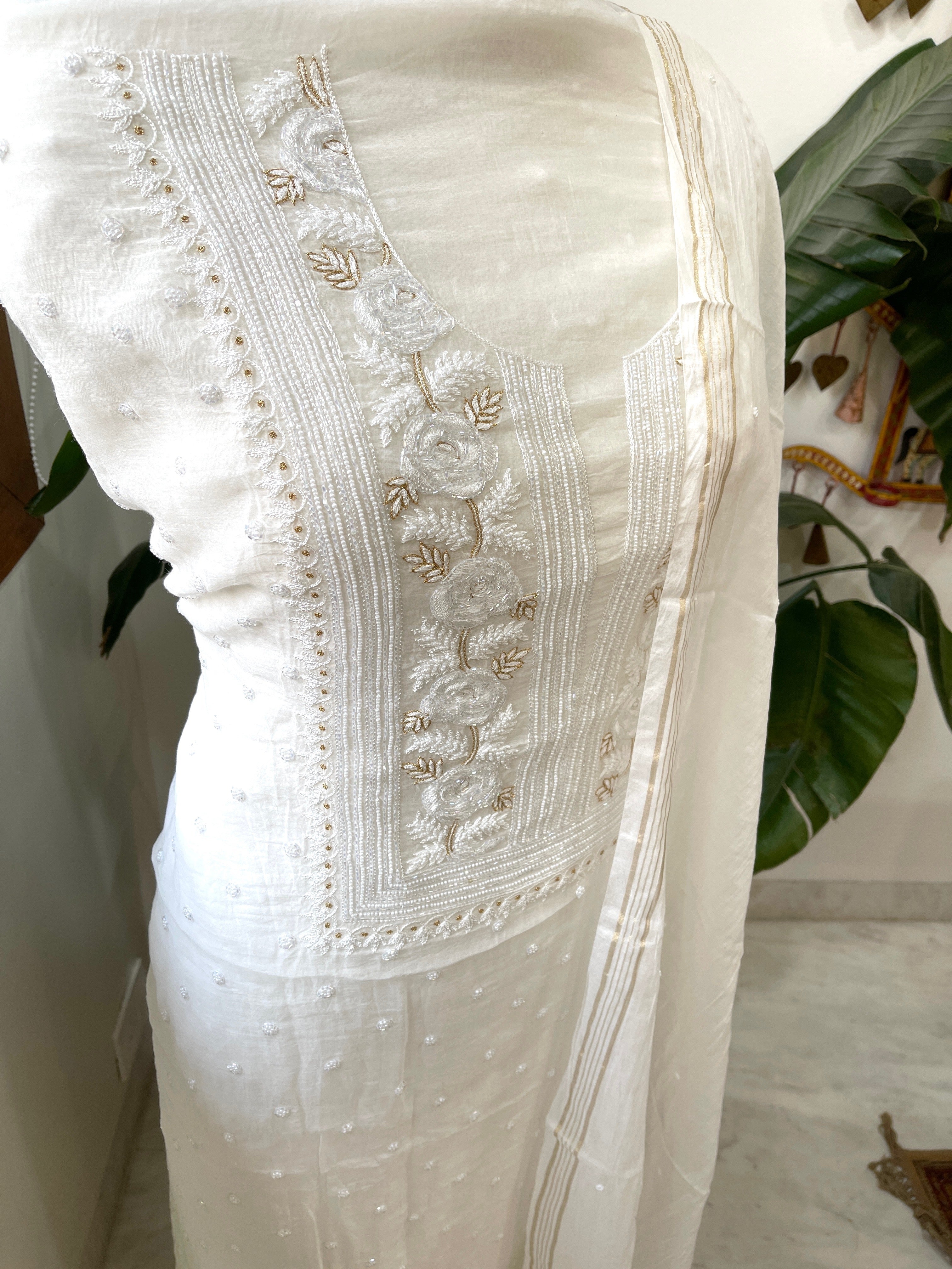 Off - White Suit Set with Lucknowi Handwork in Pure Mul Chanderi - Masakalee