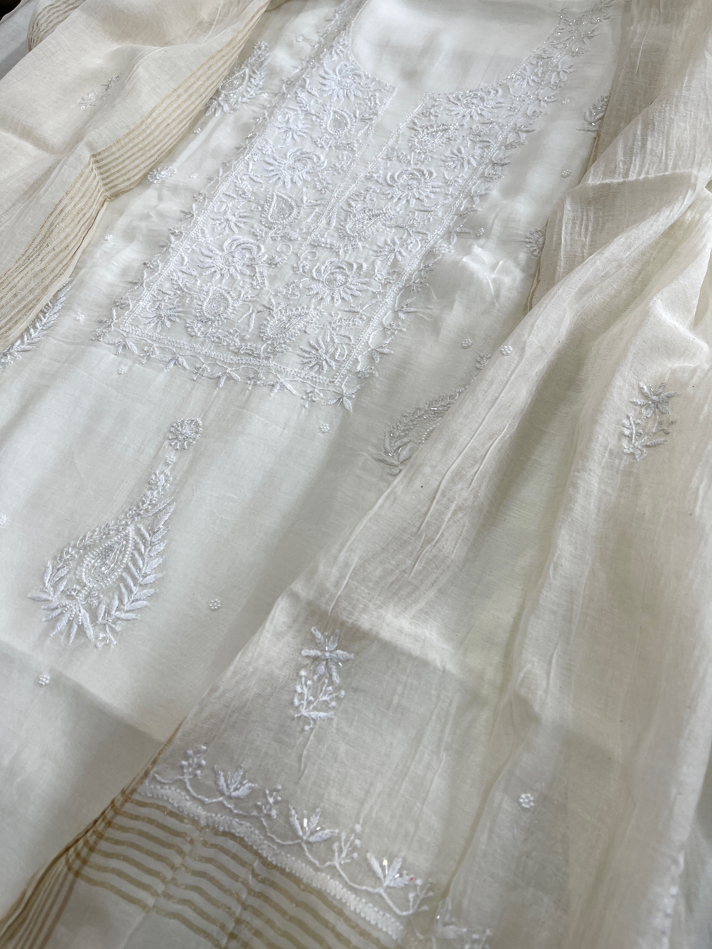 Off - White Suit Set with Lucknowi Handwork in Pure Mul Chanderi - Masakalee
