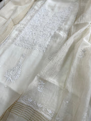 Off - White Suit Set with Lucknowi Handwork in Pure Mul Chanderi - Masakalee