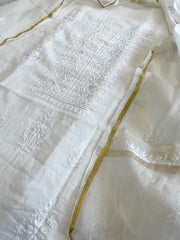 Off - White Suit Set with Lucknowi Handwork in Pure Mul Chanderi - Masakalee