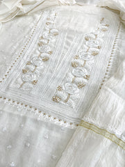 Off - White Suit Set with Lucknowi Handwork in Pure Mul Chanderi - Masakalee