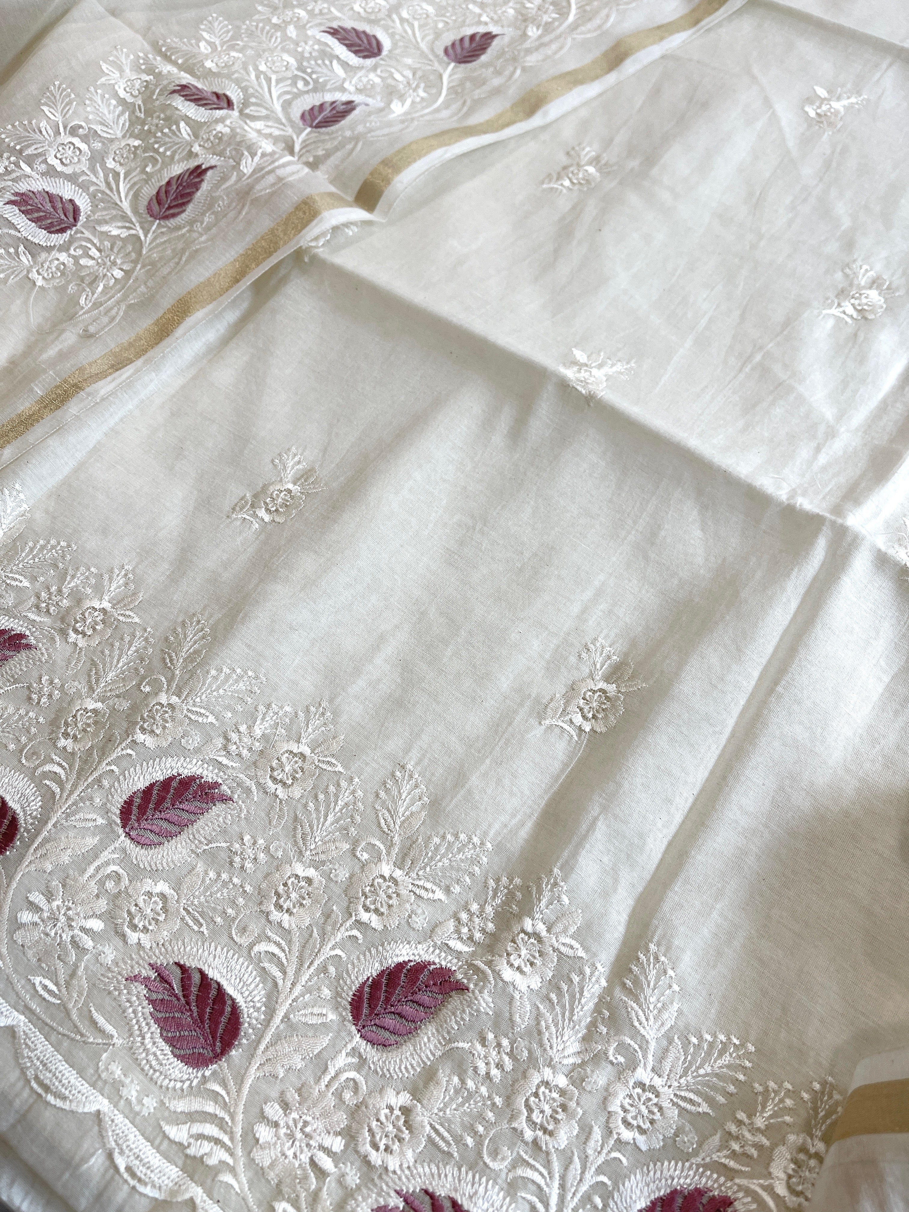 Off - White Suit Set with Thread Embroidery in Mul Chanderi - Masakalee