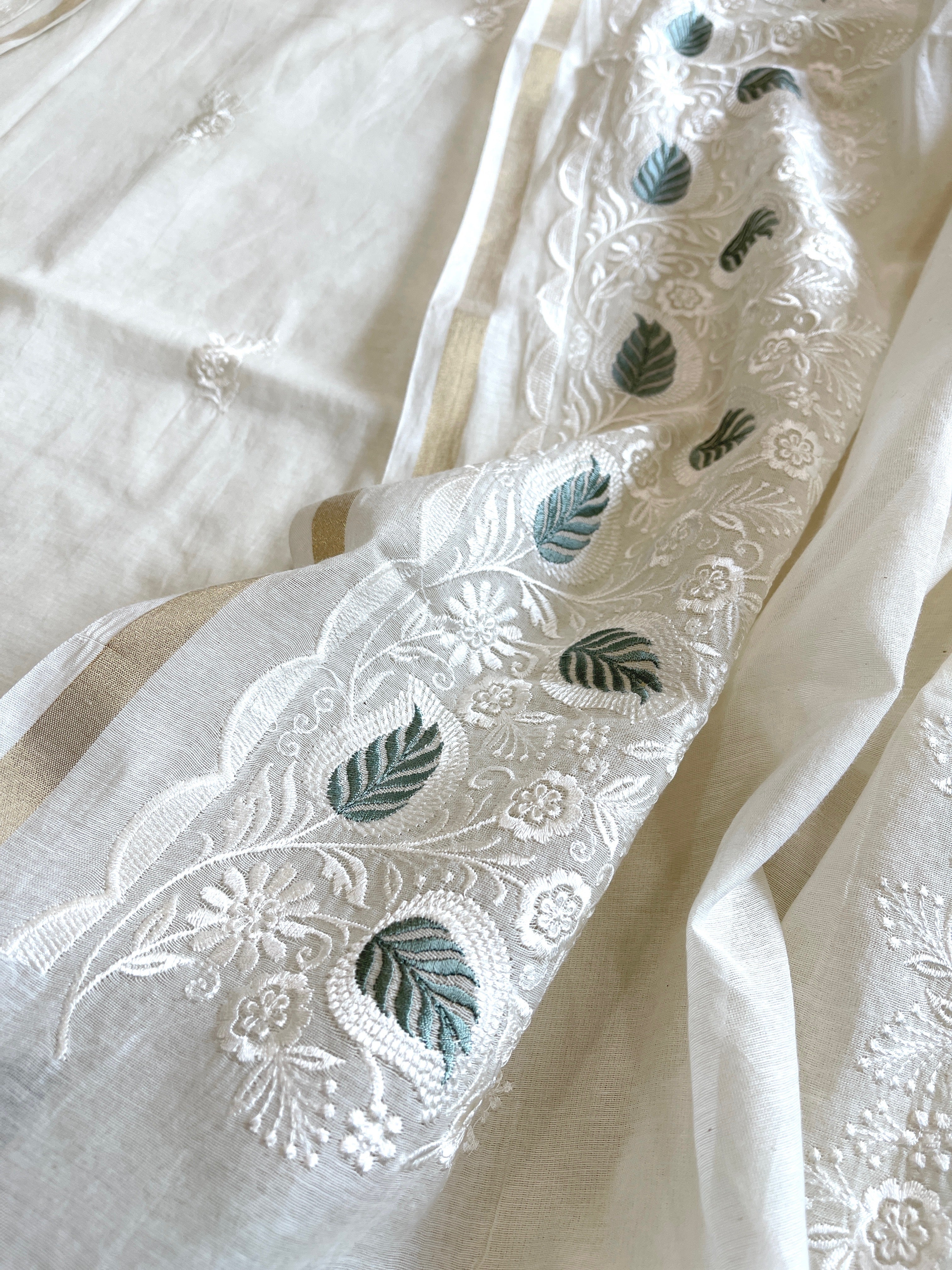Off - White Suit Set with Thread Embroidery in Mul Chanderi - Masakalee