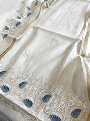 Off - White Suit Set with Thread Embroidery in Mul Chanderi - Masakalee