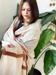 Off - White with Brown tinge Woven Pashmina Shawl with Thread Embroidery - Masakalee