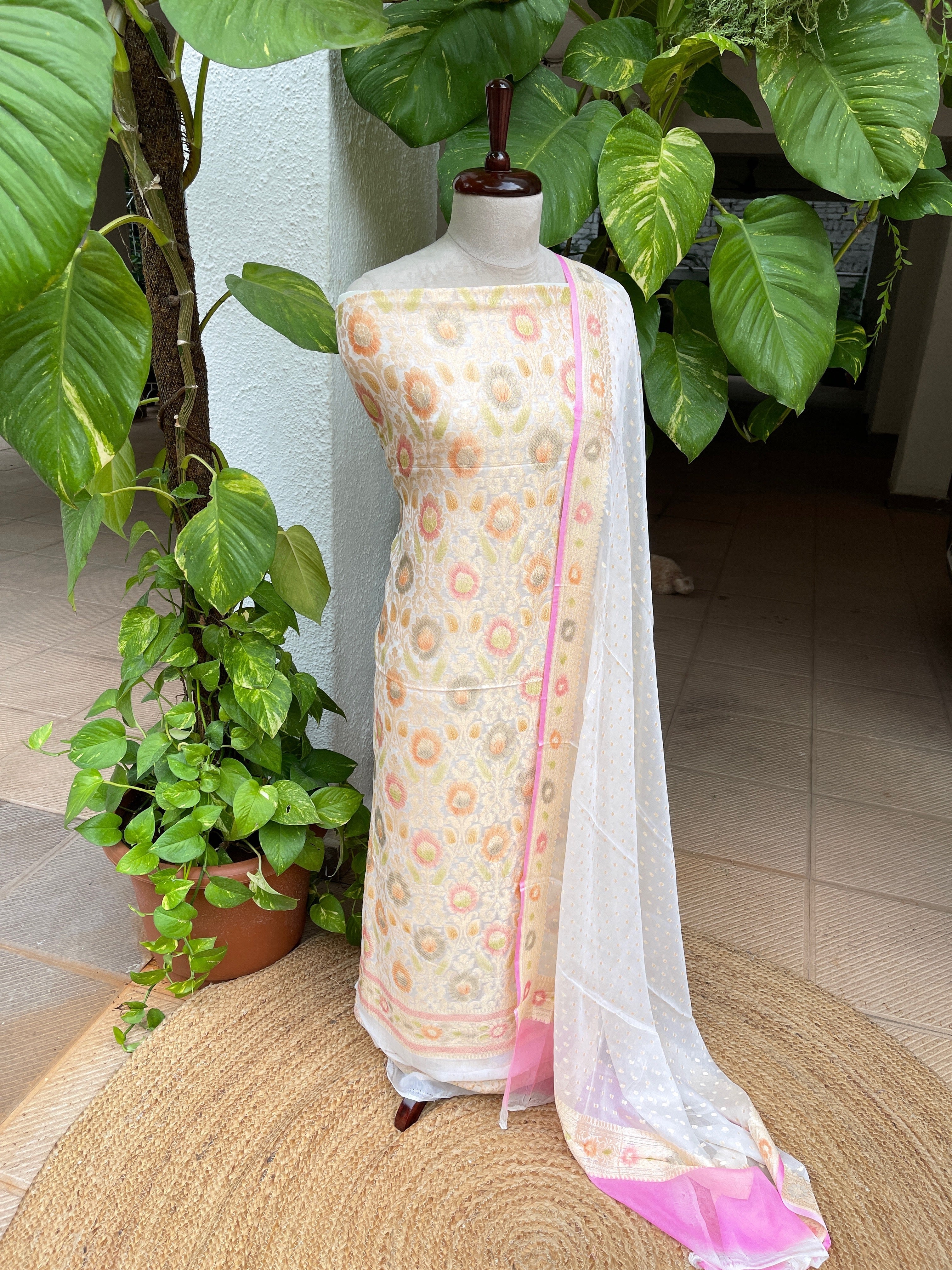 Off - White with Lime Tinge Handwoven Khaddi 3 - Piece Suit Set in Pure Georgette - Masakalee
