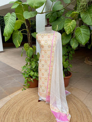 Off - White with Lime Tinge Handwoven Khaddi 3 - Piece Suit Set in Pure Georgette - Masakalee