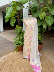 Off - White with Lime Tinge Handwoven Khaddi 3 - Piece Suit Set in Pure Georgette - Masakalee