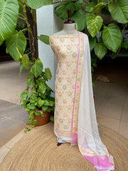 Off - White with Lime Tinge Handwoven Khaddi 3 - Piece Suit Set in Pure Georgette - Masakalee