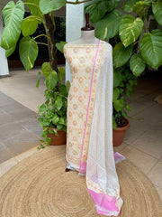 Off - White with Lime Tinge Handwoven Khaddi 3 - Piece Suit Set in Pure Georgette - Masakalee