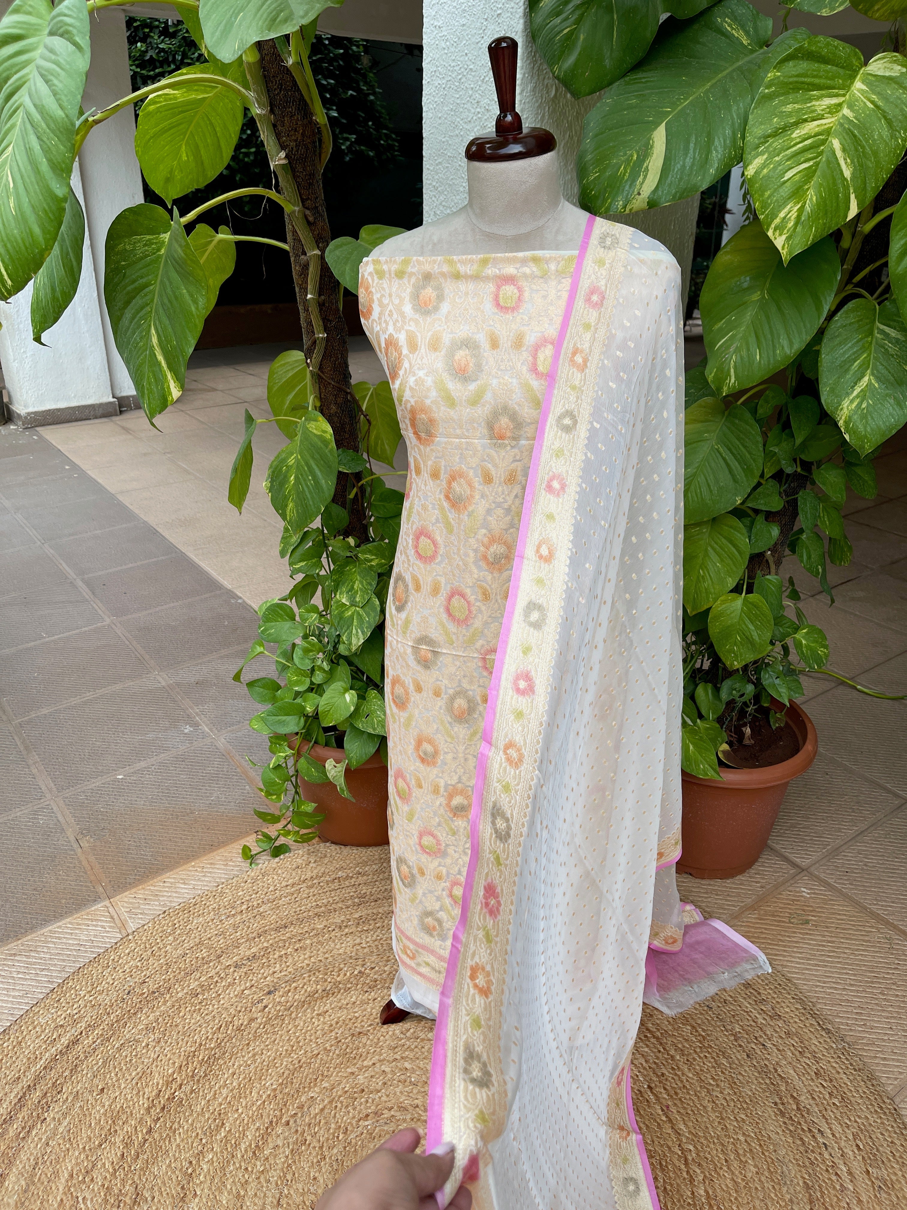 Off - White with Lime Tinge Handwoven Khaddi 3 - Piece Suit Set in Pure Georgette - Masakalee