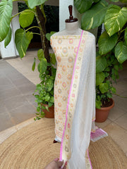 Off - White with Lime Tinge Handwoven Khaddi 3 - Piece Suit Set in Pure Georgette - Masakalee