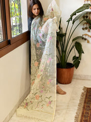 Off - White with Lime Tinge Kota Cotton Dupatta with Thread Embroidery - Masakalee