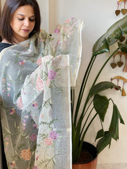 Off - White with Lime Tinge Kota Cotton Dupatta with Thread Embroidery - Masakalee