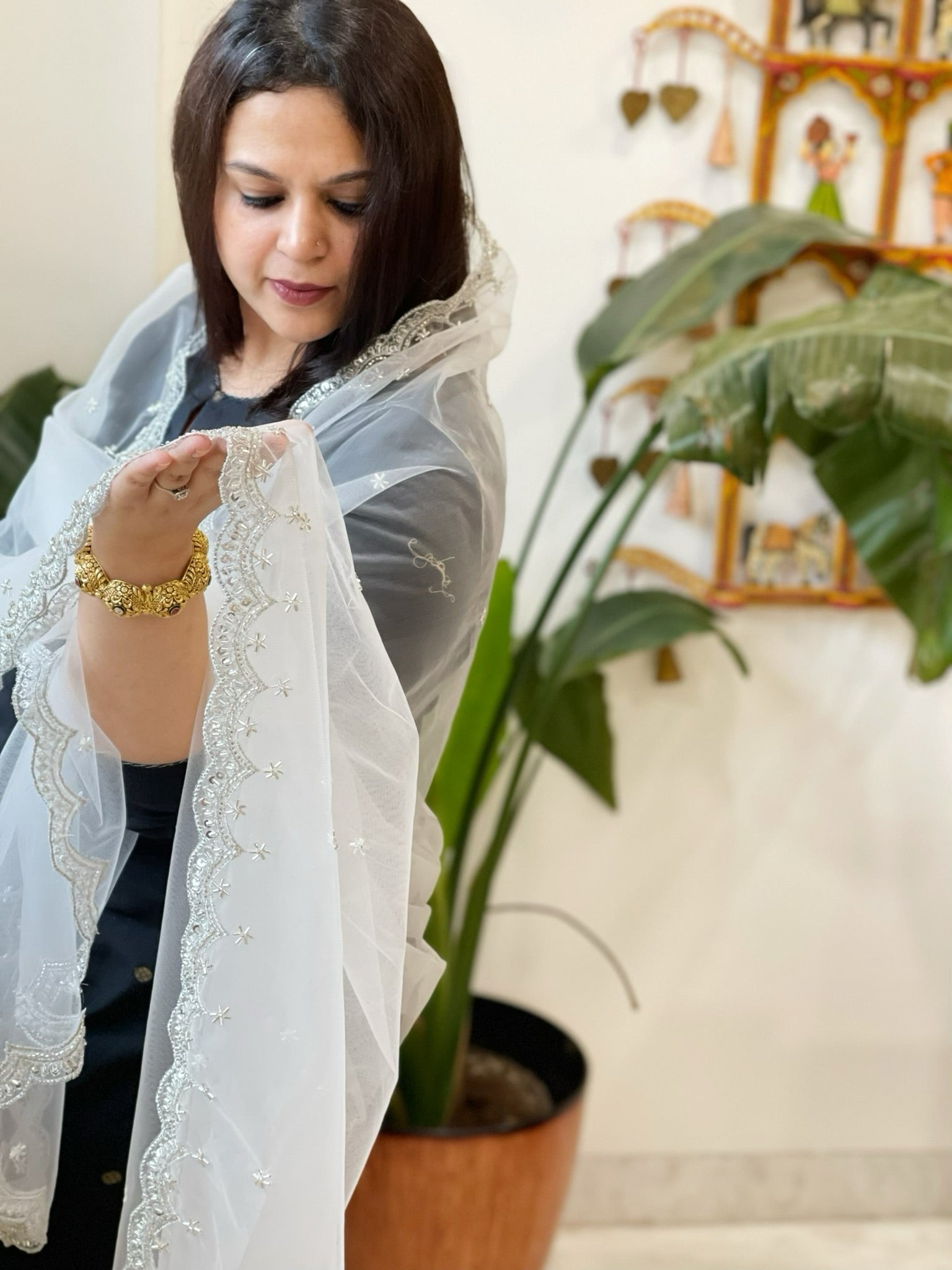 Off-White with Silver Work Net Dupatta with Pearl, Sequin and Cut Daana Embroidery - Masakalee