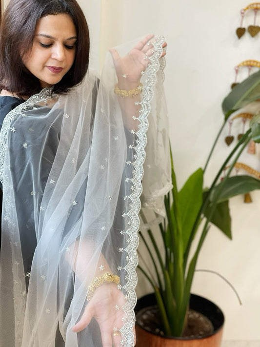 Off-White with Silver Work Net Dupatta with Pearl, Sequin and Cut Daana Embroidery - Masakalee