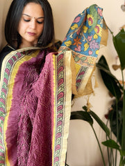 Onion Pink Rai Bandhej Dupatta with Handpainted Kalamkari Pallu in Pure Muga Silk - Masakalee