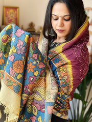 Onion Pink Rai Bandhej Dupatta with Handpainted Kalamkari Pallu in Pure Muga Silk - Masakalee